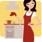 Woman in red apron cooking lighter