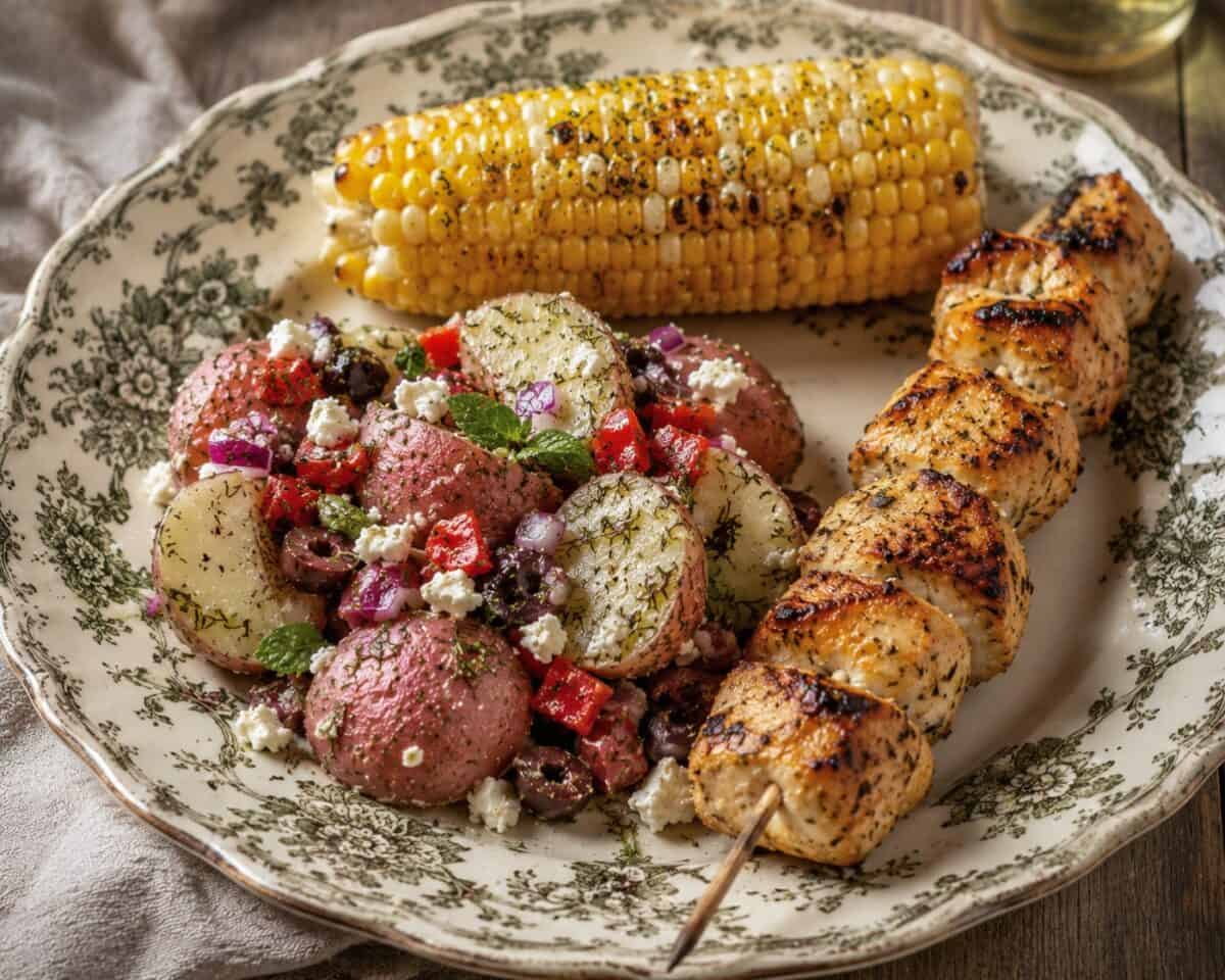 Greek Potato Salad, corn on the cob and grilled chicken skewer on a vintage dinner plate.