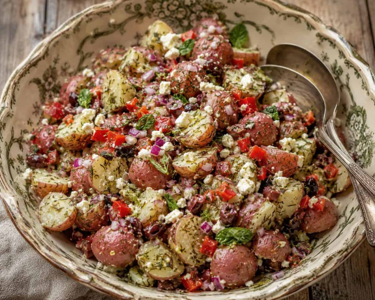 Greek Potato Salad in a vintage bowl with serving spoons.