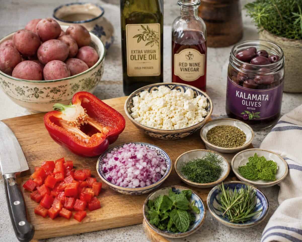 Ingredients including red potatoes, red bell pepper, diced red onion, crumbled feta cheese, olive oil, red wine vinegar, Kalamata olives, rosemary, dill, mint and oregano on kitchen counter.