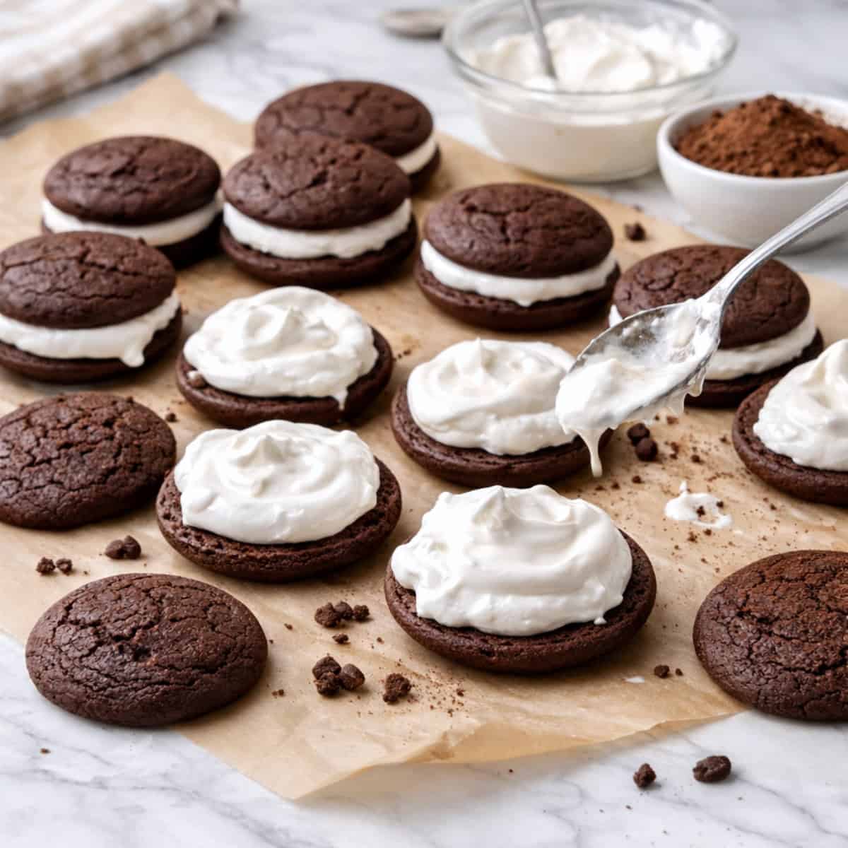 Chocolate Whoopee Pies being filled with marshmallow creme on parchment paper.