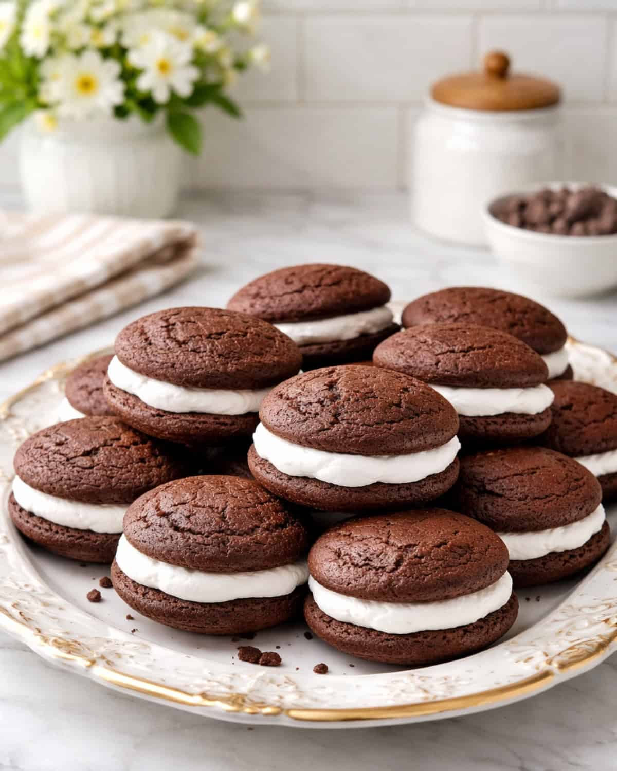 Chocolate Whoopie Pies filled with marshmallow creme on a serving platter with fresh flowers in the background.