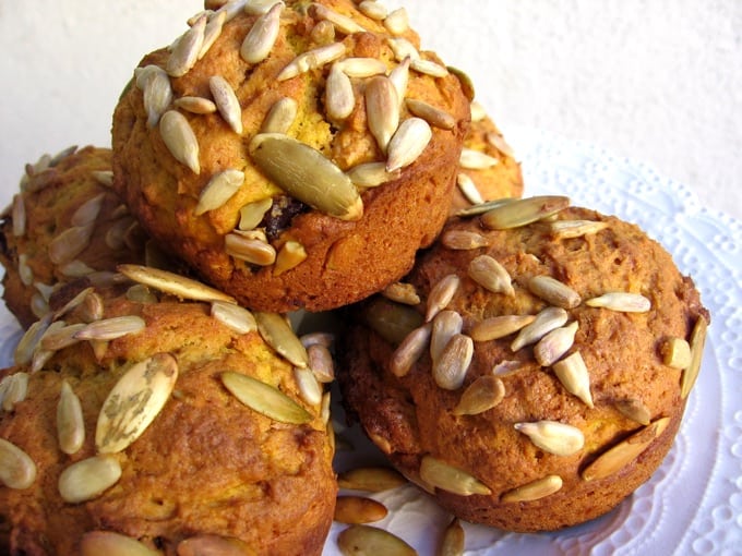 Healthy Pumpkin Muffins topped with pumpkin seeds (pepitas)
