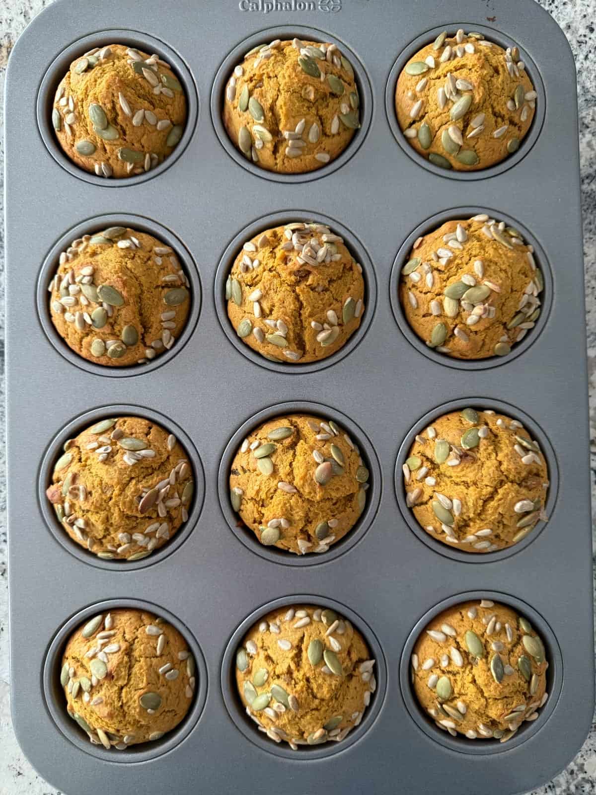 Fresh baked pumpkin muffins topped with pumpkin and sunflower seeds in muffin pan.