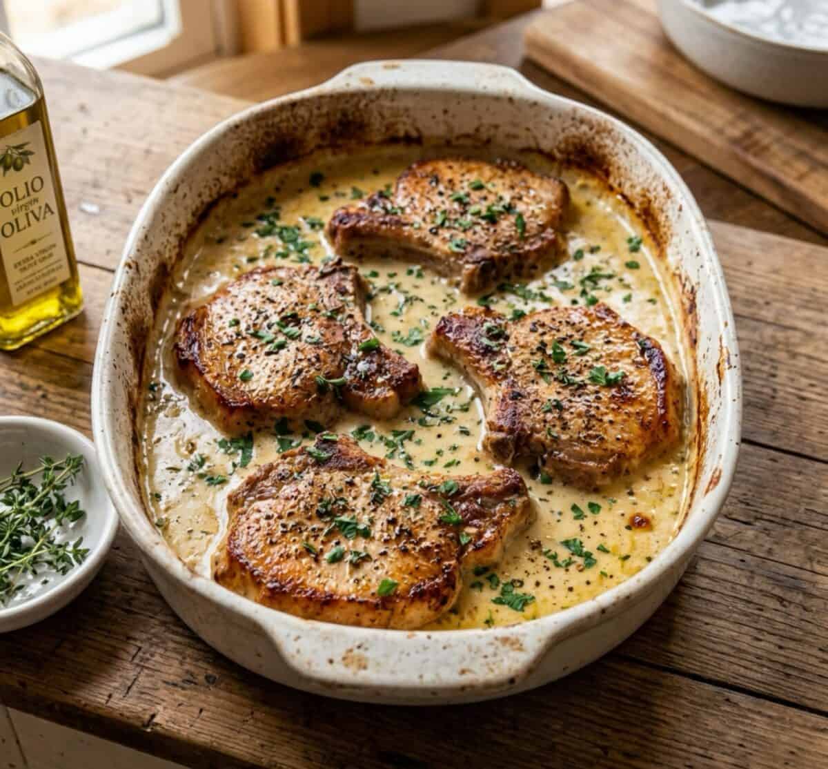 Creamy baked pork chops in baking dish sprinkled with chopped parsley.