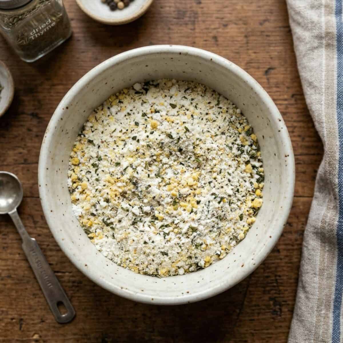 Cream of chicken soup replacement mix in a small ceramic bowl.