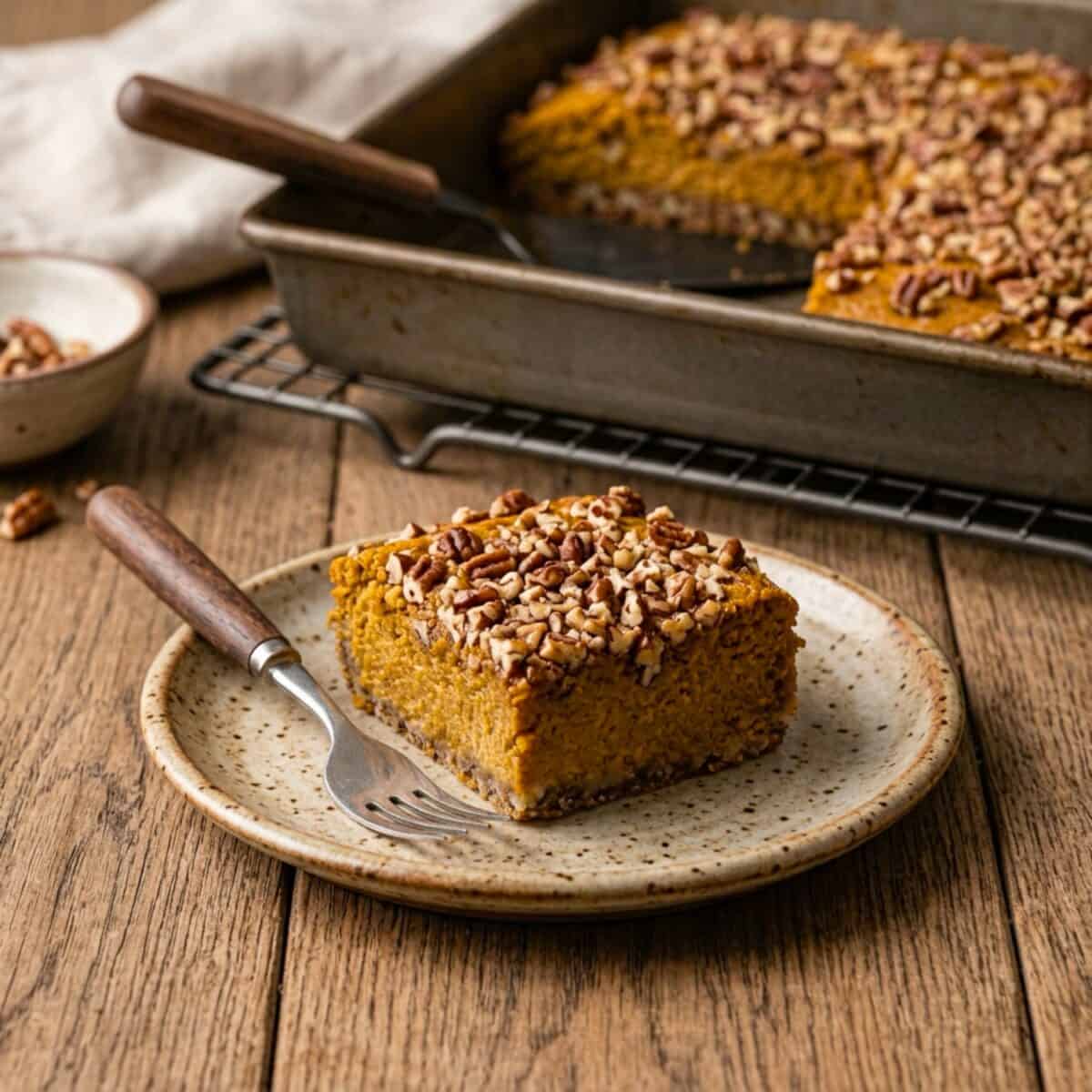 Pecan Crusted Pumpkin Square on small plate with a fork and the baking pan with serving spatula in the background.