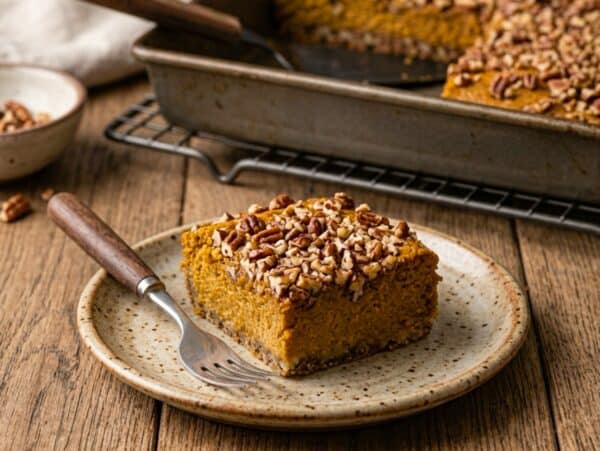 pecan crusted pumpkin squares on pottery plate with pan in background