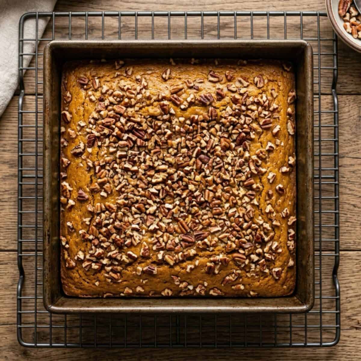 Pecan crusted pumpkin squares in baking pan on wire rack.