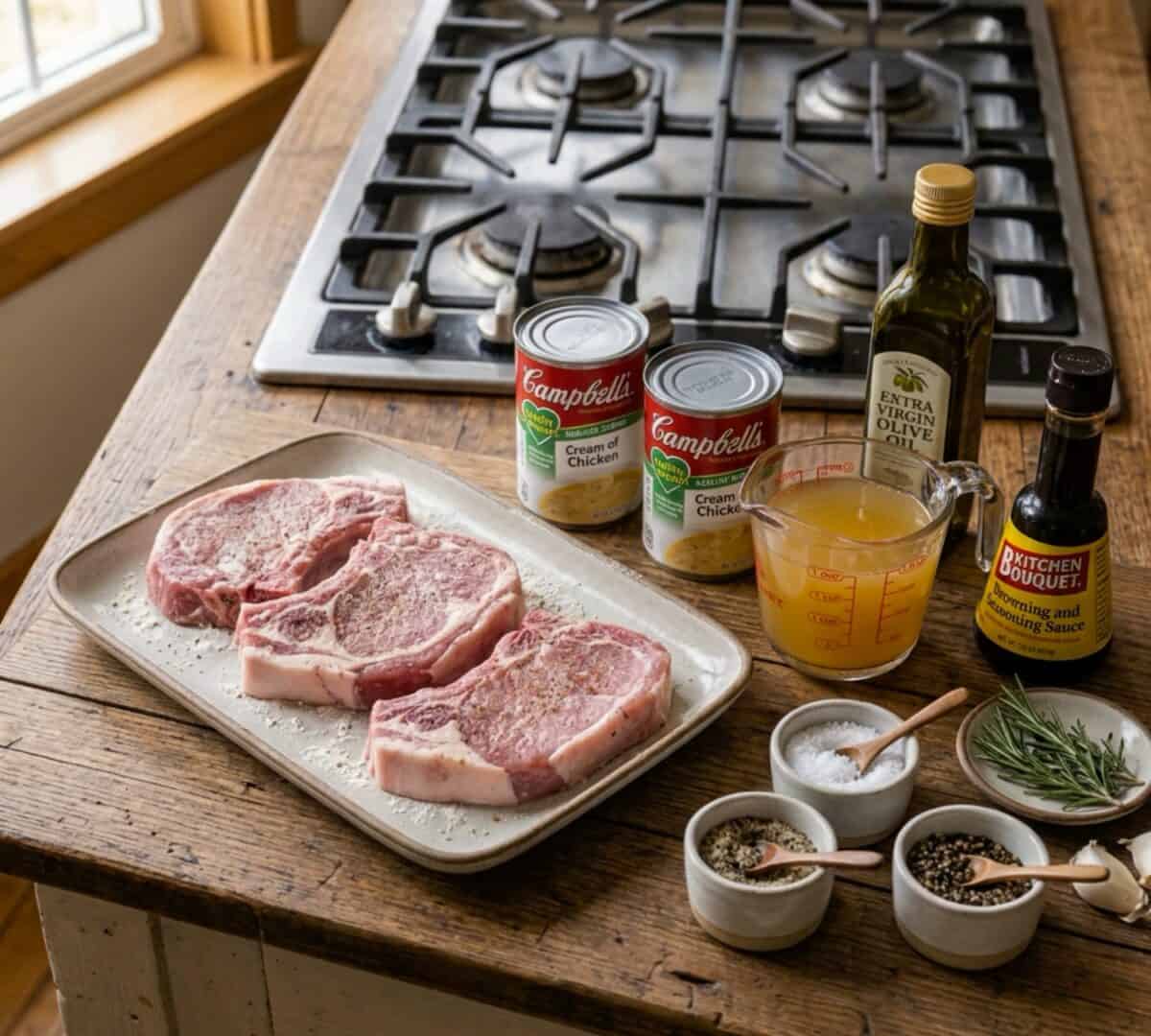 Uncooked pork chops, two cans Healthy Request cream of chicken soup, chicken broth, a bottle of olive oil and a bottle of Kitchen Bouquet on kitchen counter.