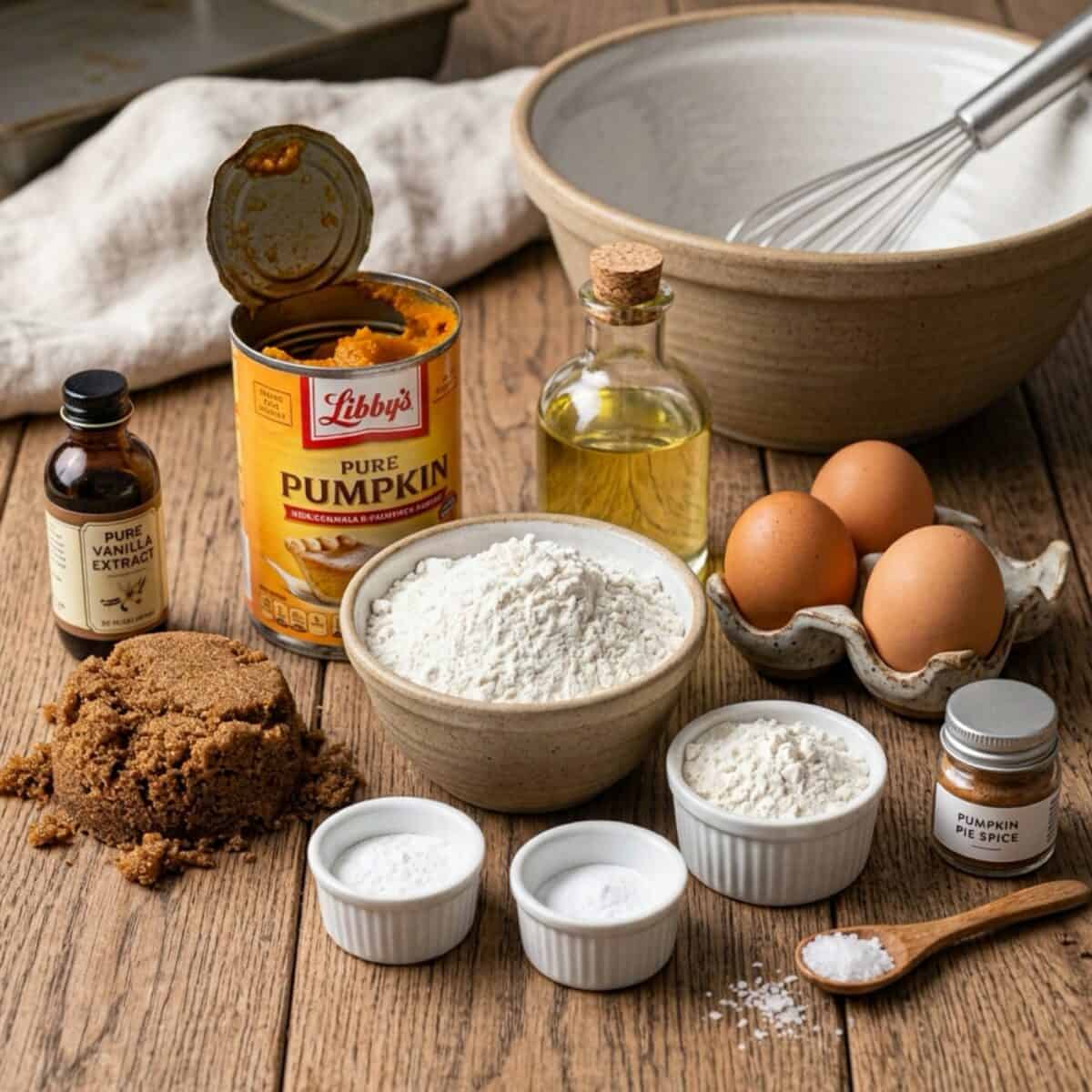 An open can of pumpkin puree, vanilla extract, dark brown sugar, all-purpose flour, eggs, canola oil, baking powder, baking soda, pumpkin pie spice and mixing bowl with whisk on wooden table.