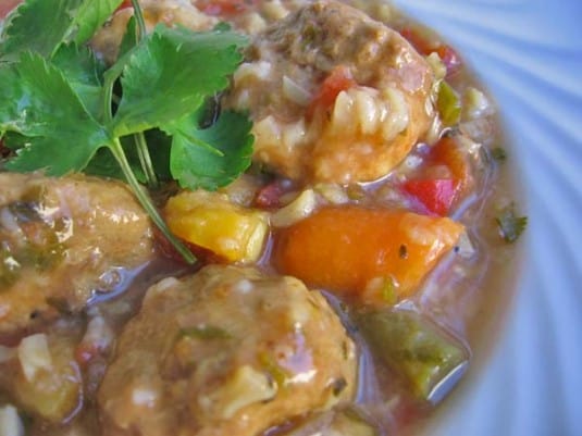 Slow Cooker Mexican Meatball Soup with Carrots, Rice, Meatballs and Fresh Cilantro
