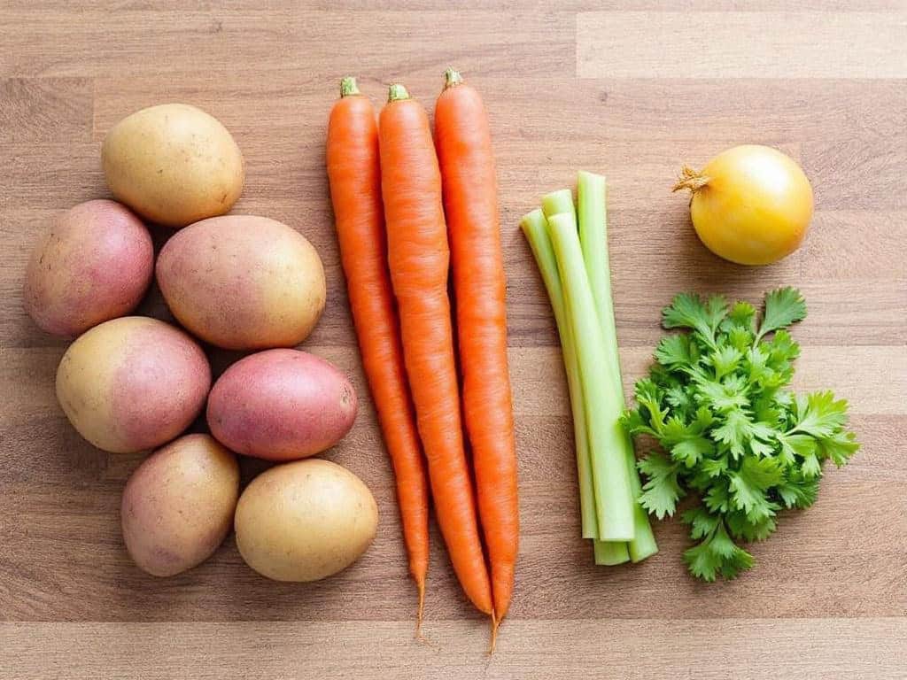 Potatoes, carrots, celery, and onion on kitchen counter