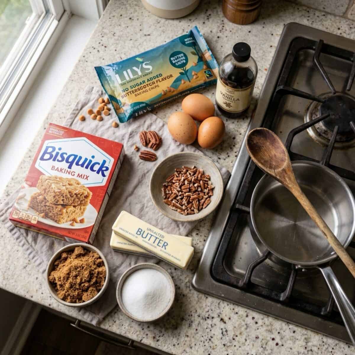 Ingredients including Bisquick baking mix, Lily's butterscotch baking chips, eggs, vanilla extract, pecans, butter, sugar and brown sugar on kitchen counter.