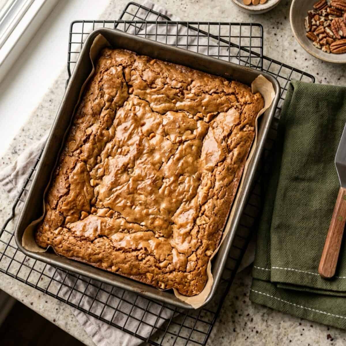 Fresh baked butterscotch blondies in baking pan on wire rack.