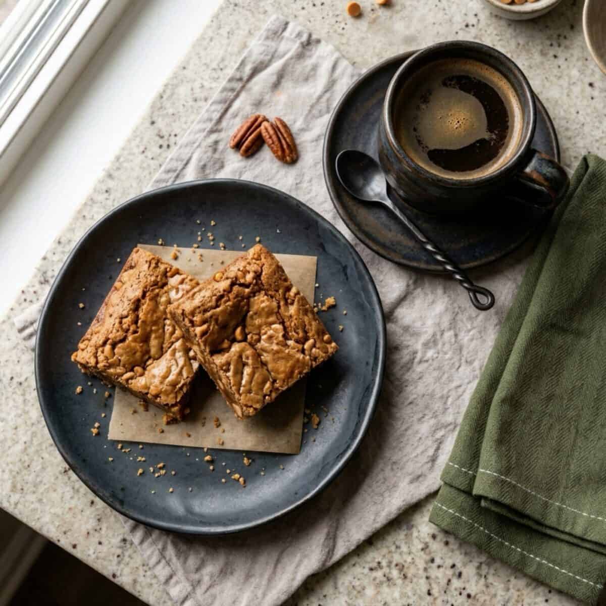 Two butterscotch blondies on a dark plate with a mug of coffee and green linen napkin.