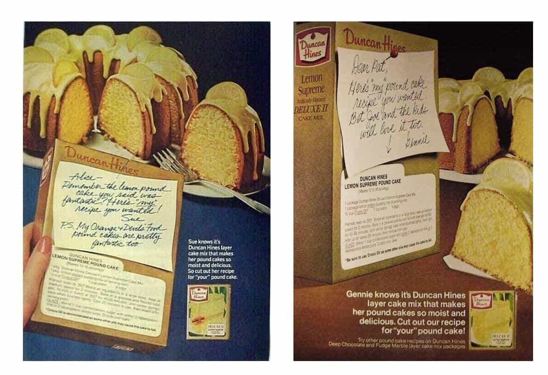 Two magazine advertisements from 1976 for Duncan Hines lemon supreme pound cake.