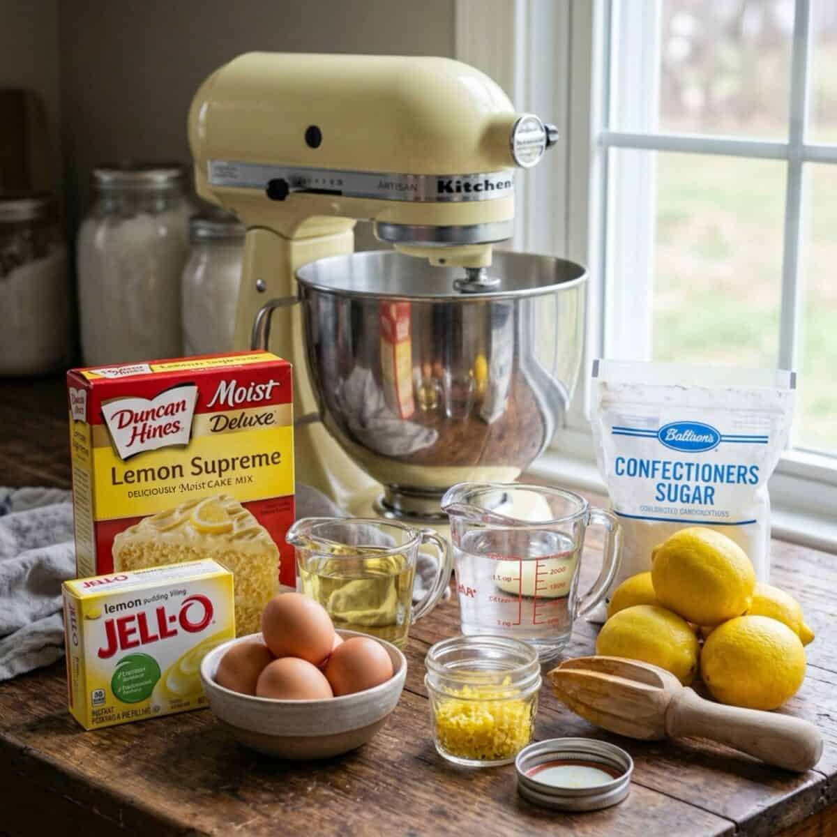 Lemon Supreme Cake Mix, box of instant lemon pudding, lemons, oil, water, eggs and lemon zest with yellow stand mixer in the background.