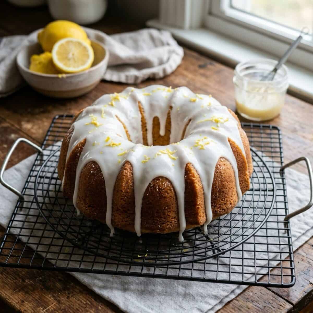 Lemon Supreme Bundt Cake with lemon icing and lemon zest on wire rack.
