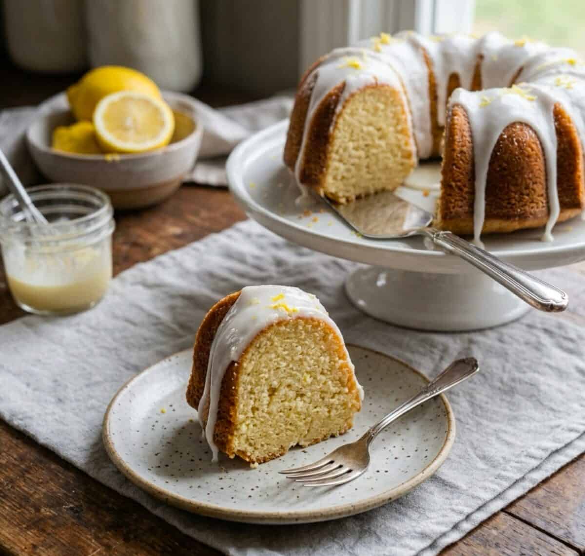 Piece of lemon supreme pound cake with icing and lemon zest on small plate with fork and remaining lemon supreme bundt cake on a cake stand behind.