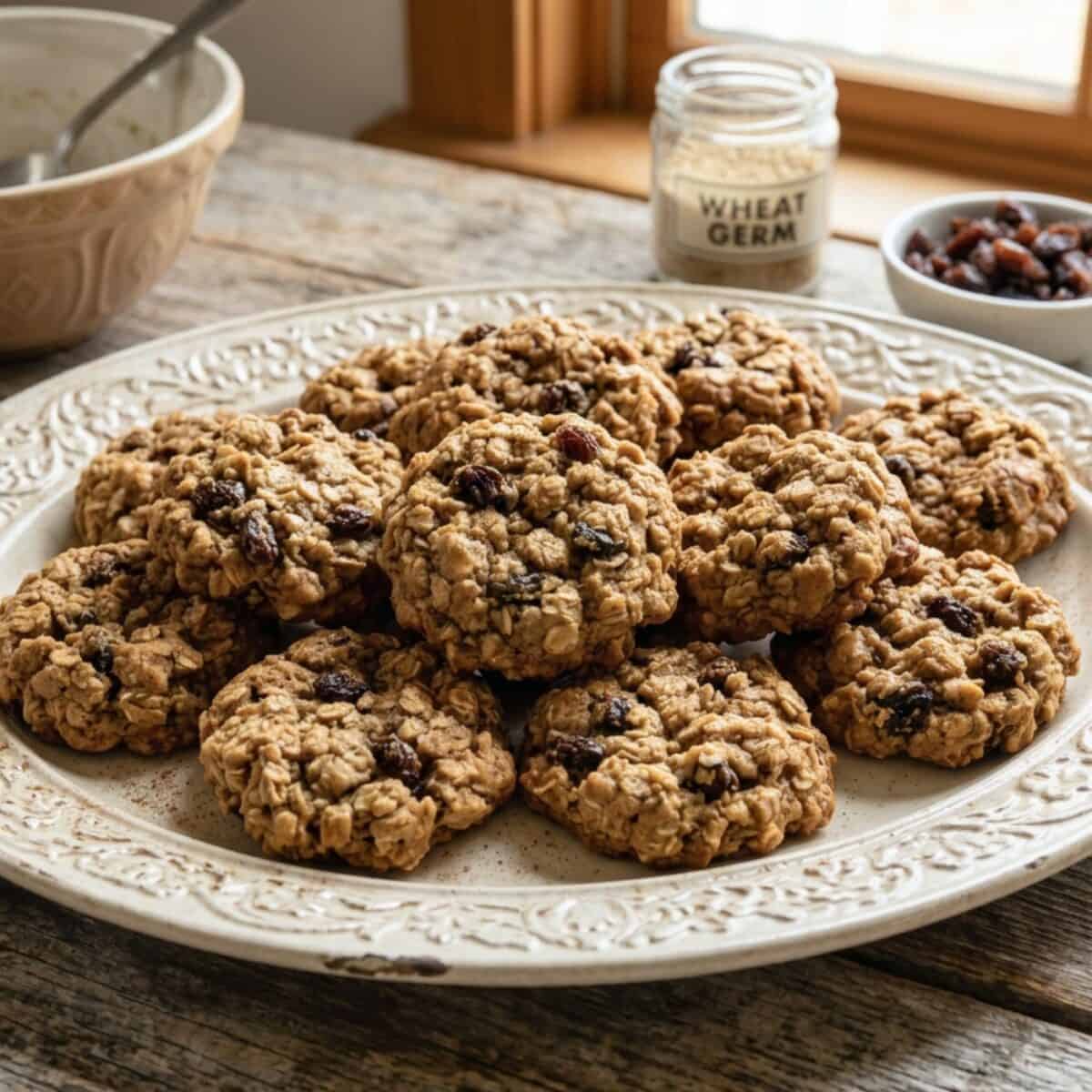 Oatmeal raisin cookies on vintage serving platter.