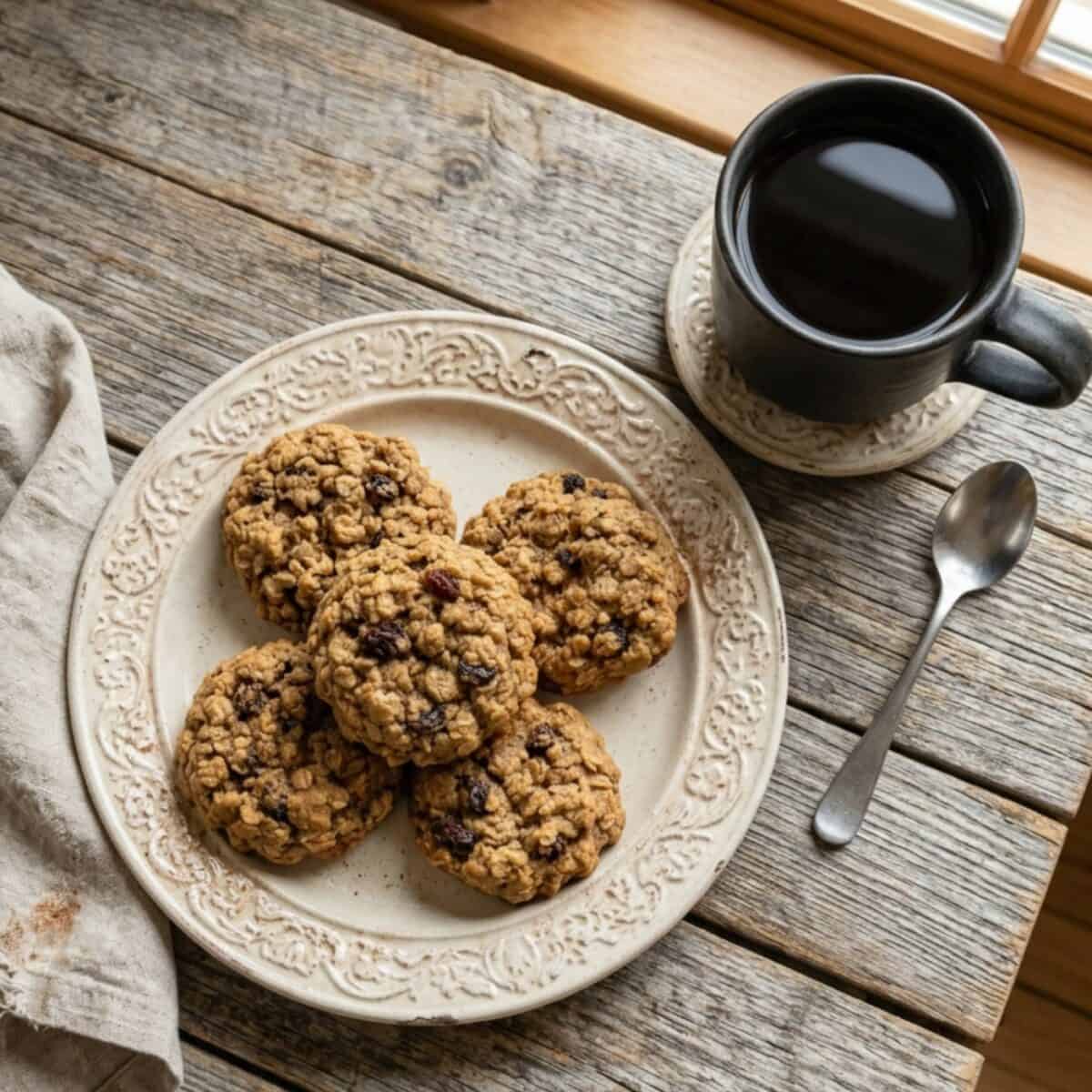 Oatmeal raisin cookies on small plate alongside a mug of black coffee.