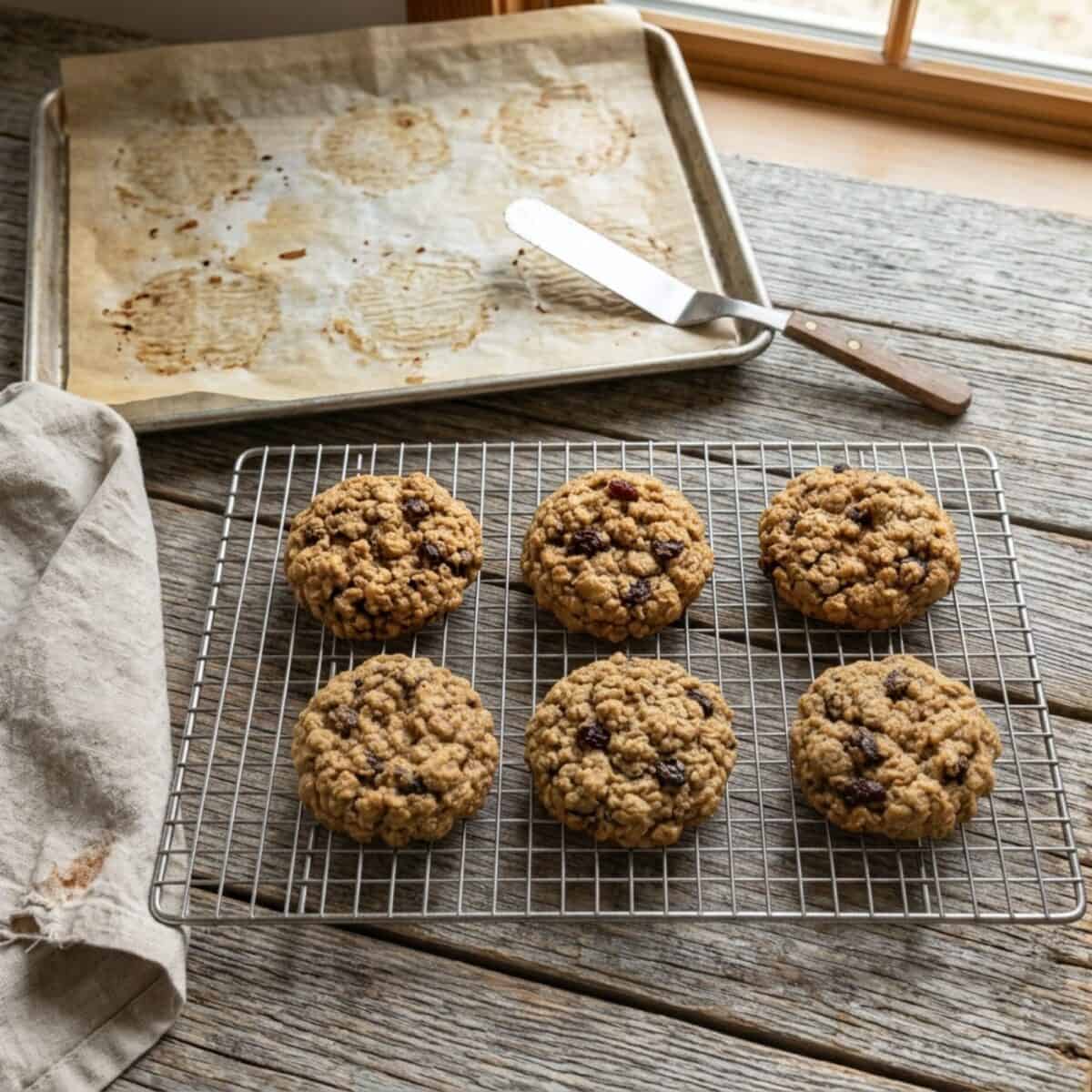 Oatmeal raisin cookies cooling on wire rack with parchment lined baking sheet and spatula in the background.