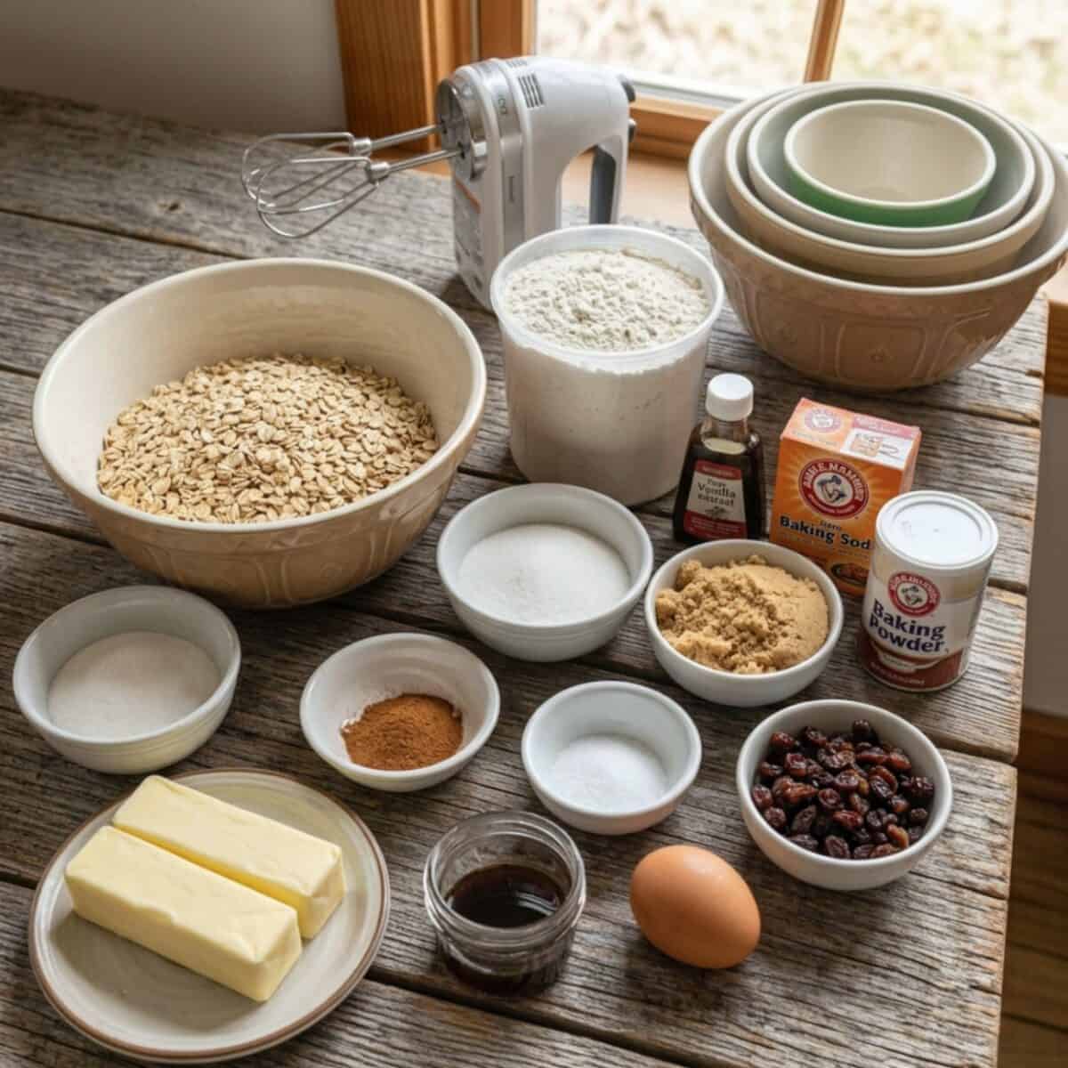 Oatmeal raisin cookie ingredients including old-fashioned rolled oats, all-purpose flour, sugar, light brown sugar, baking soda, baking powder, butter, vanilla, eggs on wooden table with mixing bowls and electric mixer.