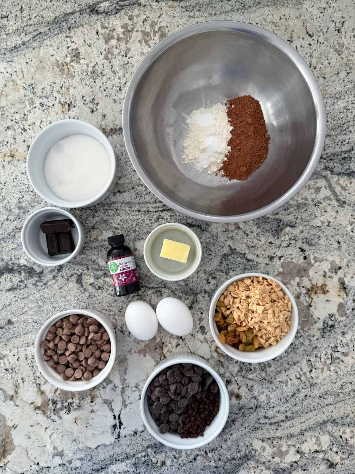 Cookie ingredients including flour, cocoa powder, salt, sugar, butter, eggs, chocolate chips, nuts, raisins and vanilla extract.