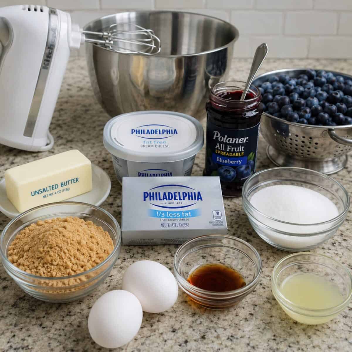 Ingredients including unsalted butter, cream cheese, graham cracker crumbs, sugar, vanilla, two eggs, lemon juice, blueberry fruit spread and colander of fresh blueberries on kitchen counter with mixing bowl and electric mixer.