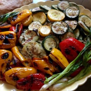 Yellow Oval Platter Grilled red peppers, zucchini, squash, scallions