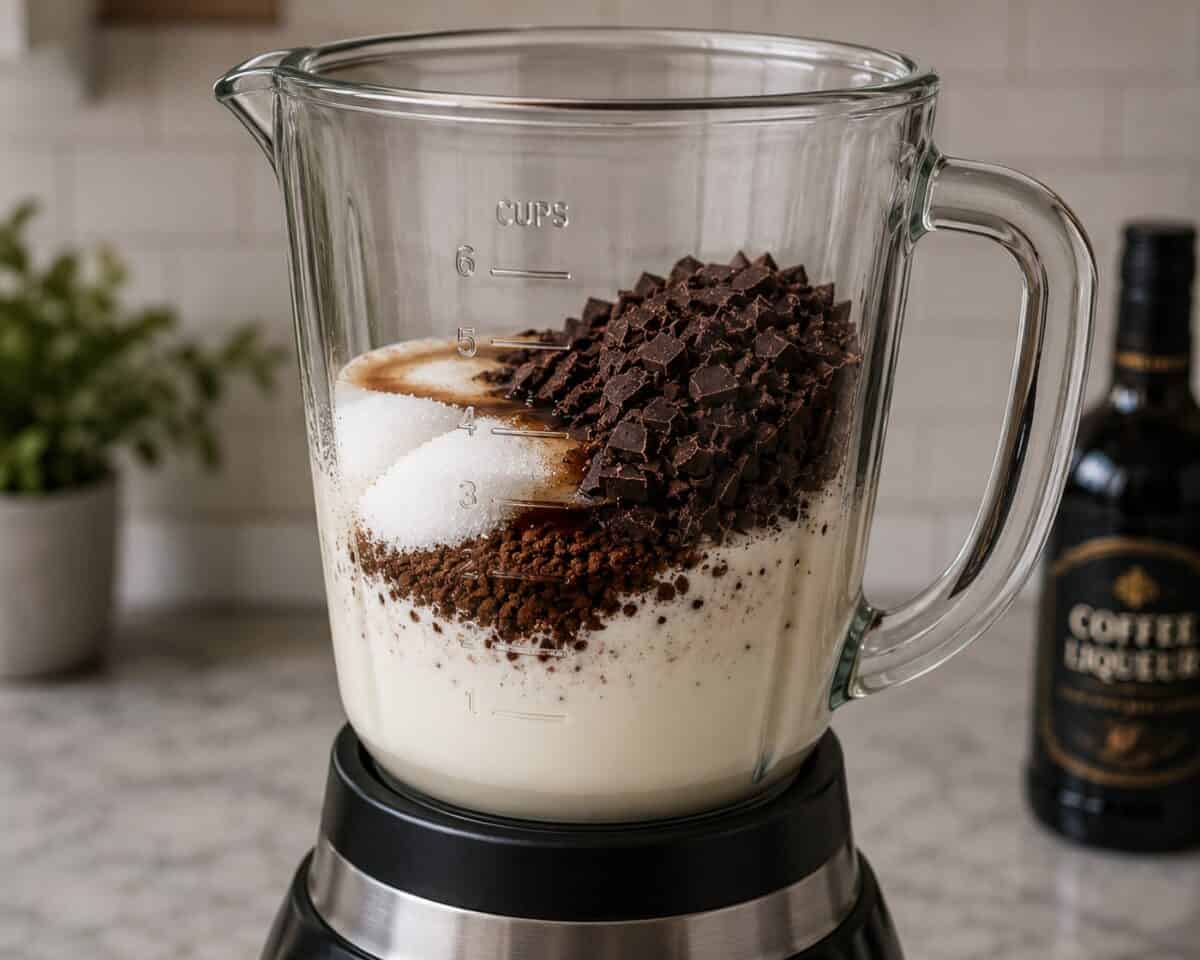 Blending ingredients to make Mocha Pots de Creme in glass blender.