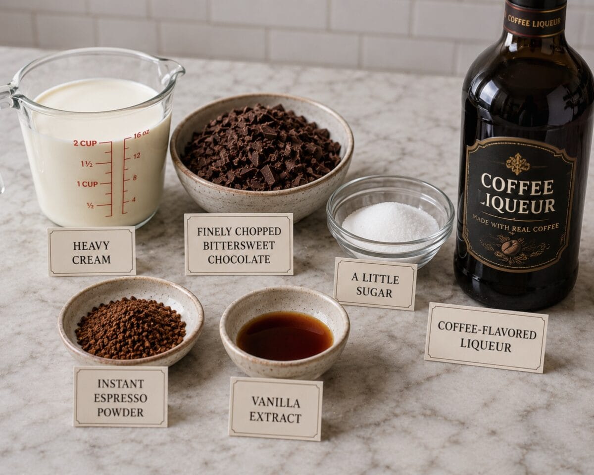 Ingredients including heavy cream, finely chopped bittersweet chocolate, sugar, instant espresso powder, vanilla extract and coffee liqueur on kitchen counter.