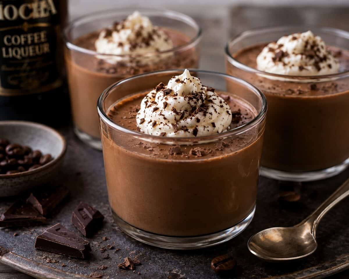 Mocha Pots de Creme dessert topped with a dollop of whipped cream and shaved chocolate in small glasses with a spoon.