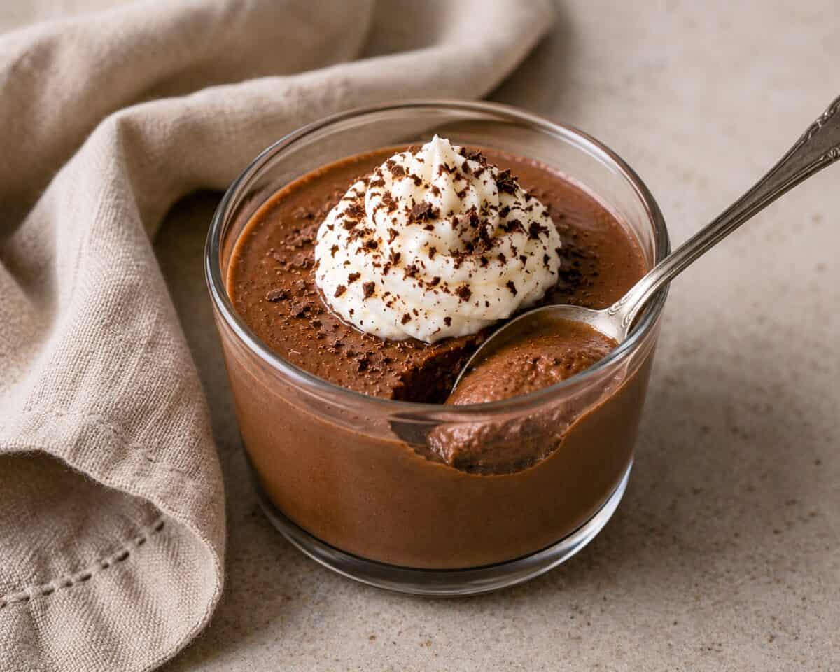 Mocha Pots de Creme topped with whipped cream and chocolate shavings in dessert glass with a spoon and a linen napkin alongside.