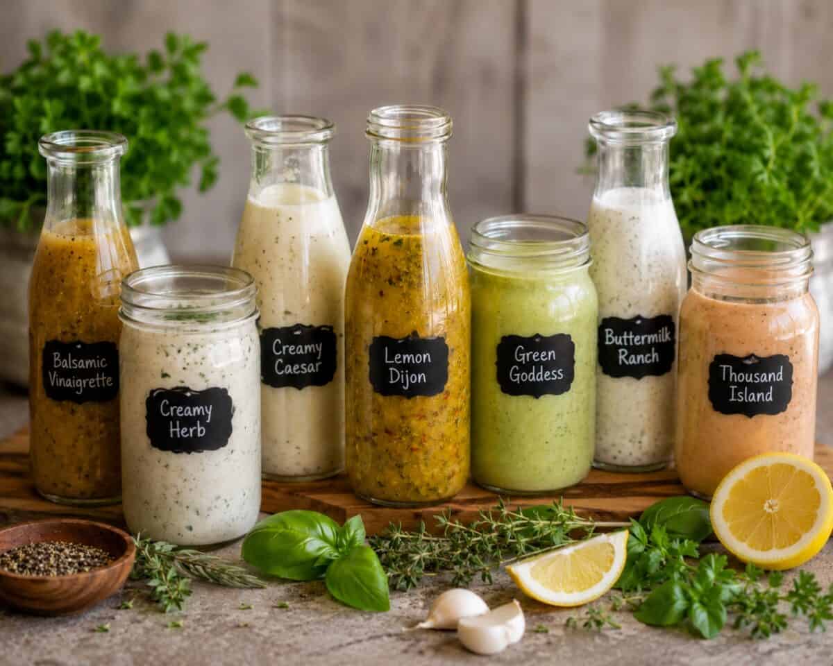 Homemade salad dressings including balsamic vinaigrette, creamy herb, creamy caesar, lemon dijon, green goddess, buttermilk ranch and thousand island in glass bottles.