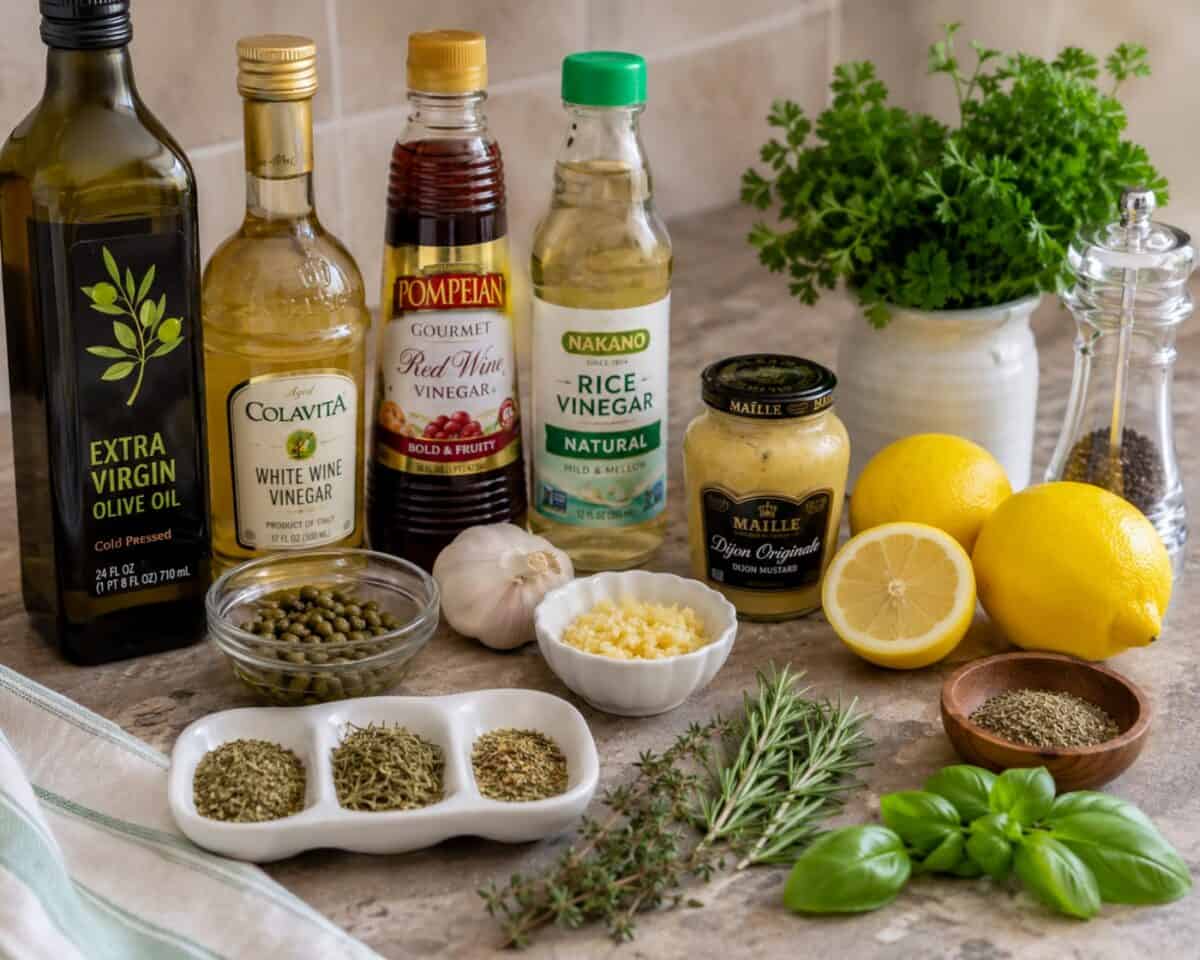 Ingredients including extra virgin olive oil, white wine vinegar, red wine vinegar, rice vinegar, Dijon mustard, lemons, capers, minced garlic and various dried and fresh herbs on kitchen counter.