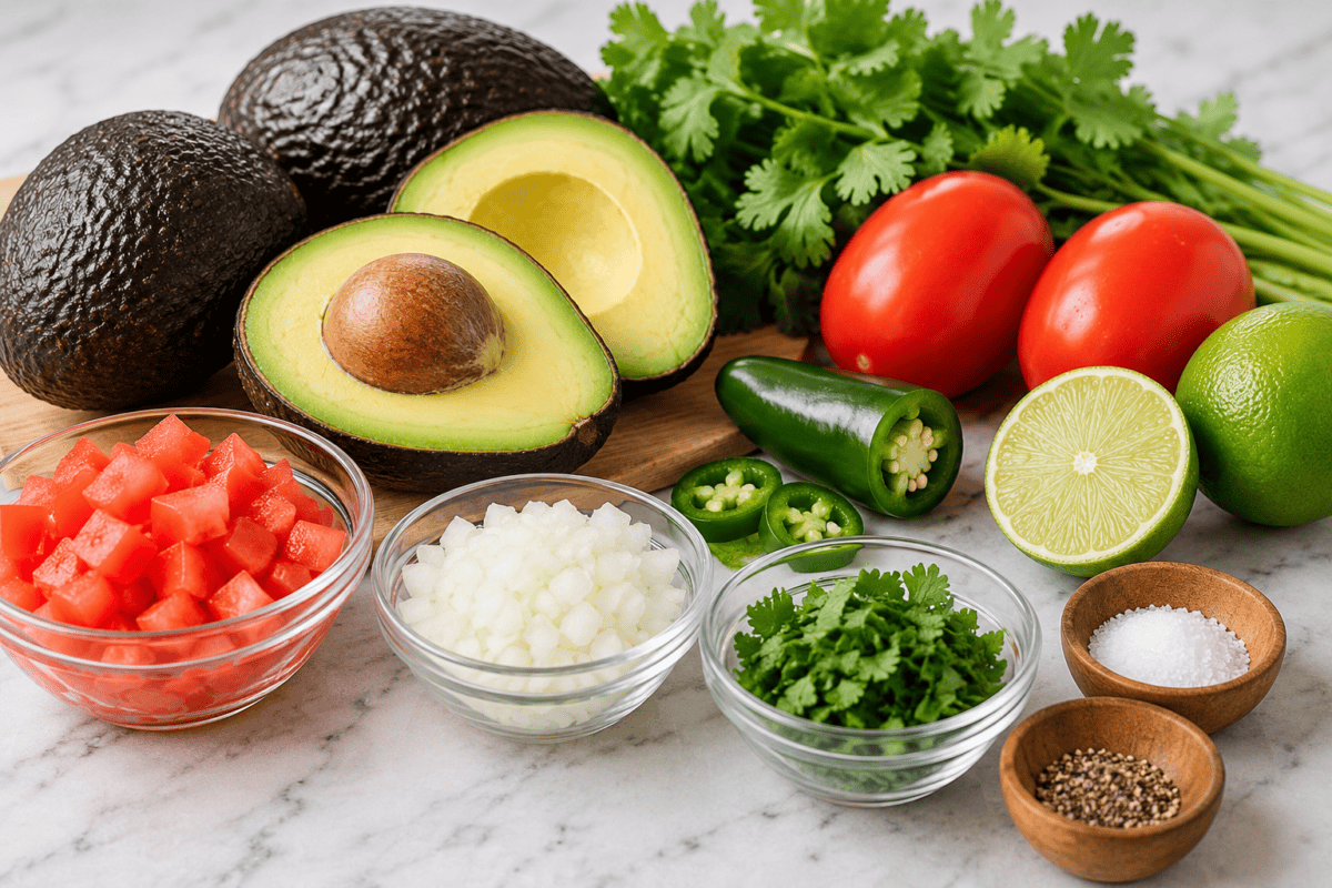 guacamole ingredients: avocado, tomato, onion, cilantro, lime. salt, pepper