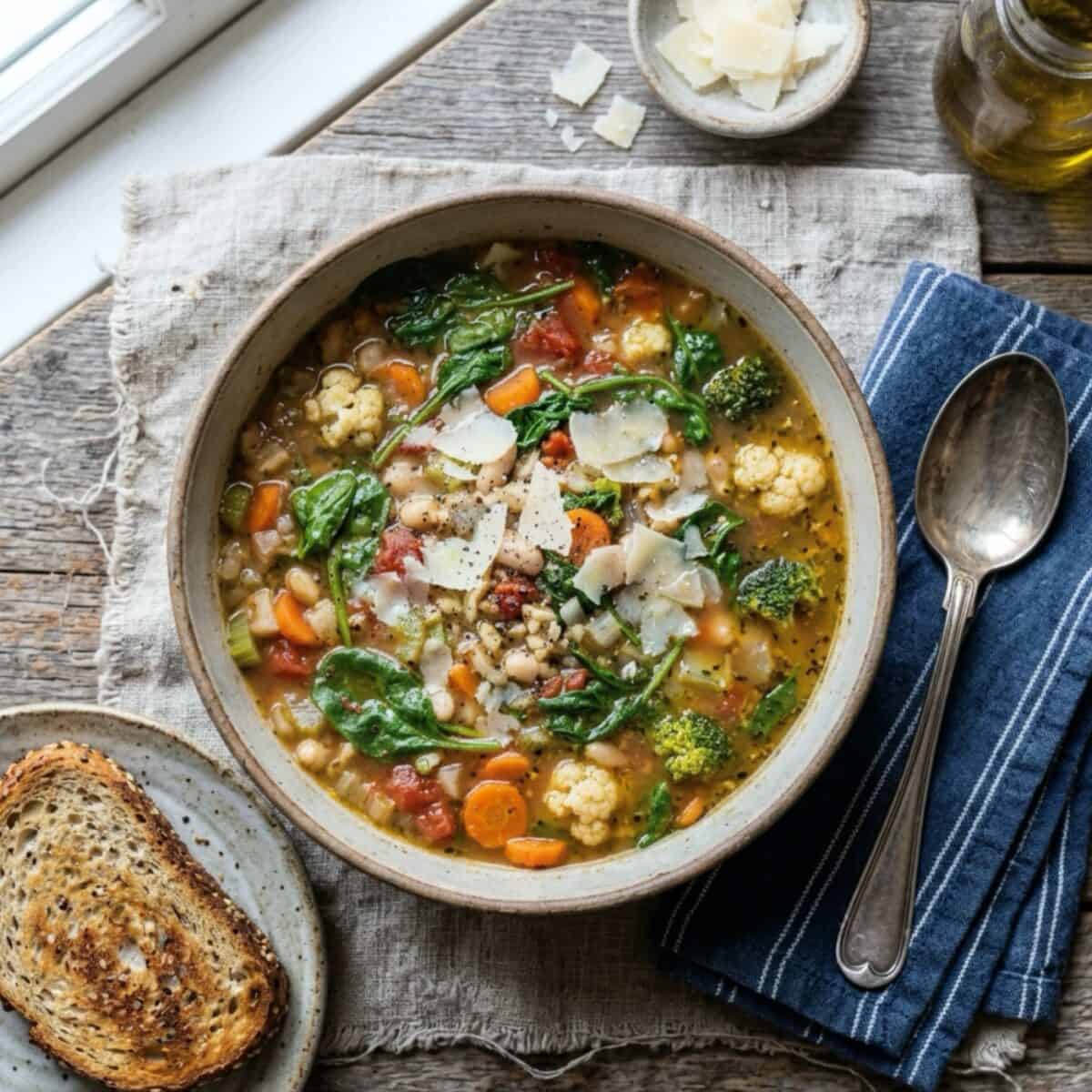 Vegetable bean soup topped with shaved Parmesan in a soup bowl with a spoon and piece of toasted whole grain bread on a small plate.