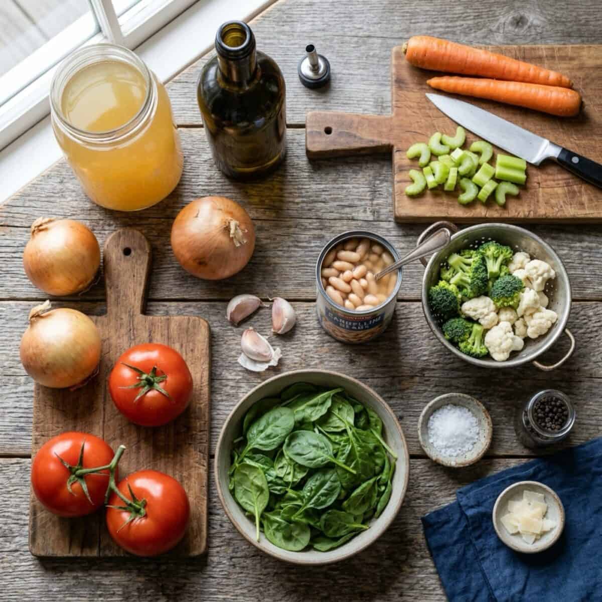 Soup making ingredients including vegetable broth, olive oil, carrots, celery, onions, garlic cloves, an open can of cannellini beans, broccoli florets, cauliflower florets, tomatoes, baby spinach, salt and pepper in kitchen counter.