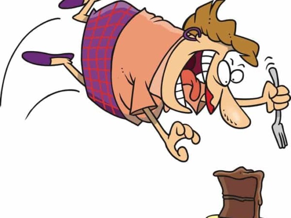 Woman Cartoon Character Holding a Fork Diving Head-First Towards A Piece of Chocolate Cake
