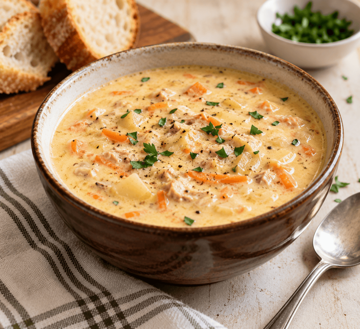 Easy Tuna Chowder in Brown Bowl with Sliced Bread in Background