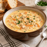 Easy Tuna Chowder in Brown Bowl with Sliced Bread in Background