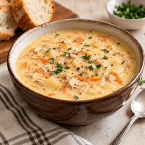 Easy Tuna Chowder in Brown Bowl with Sliced Bread in Background