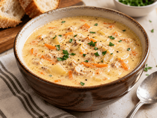 Easy Tuna Chowder in Brown Bowl with Sliced Bread in Background