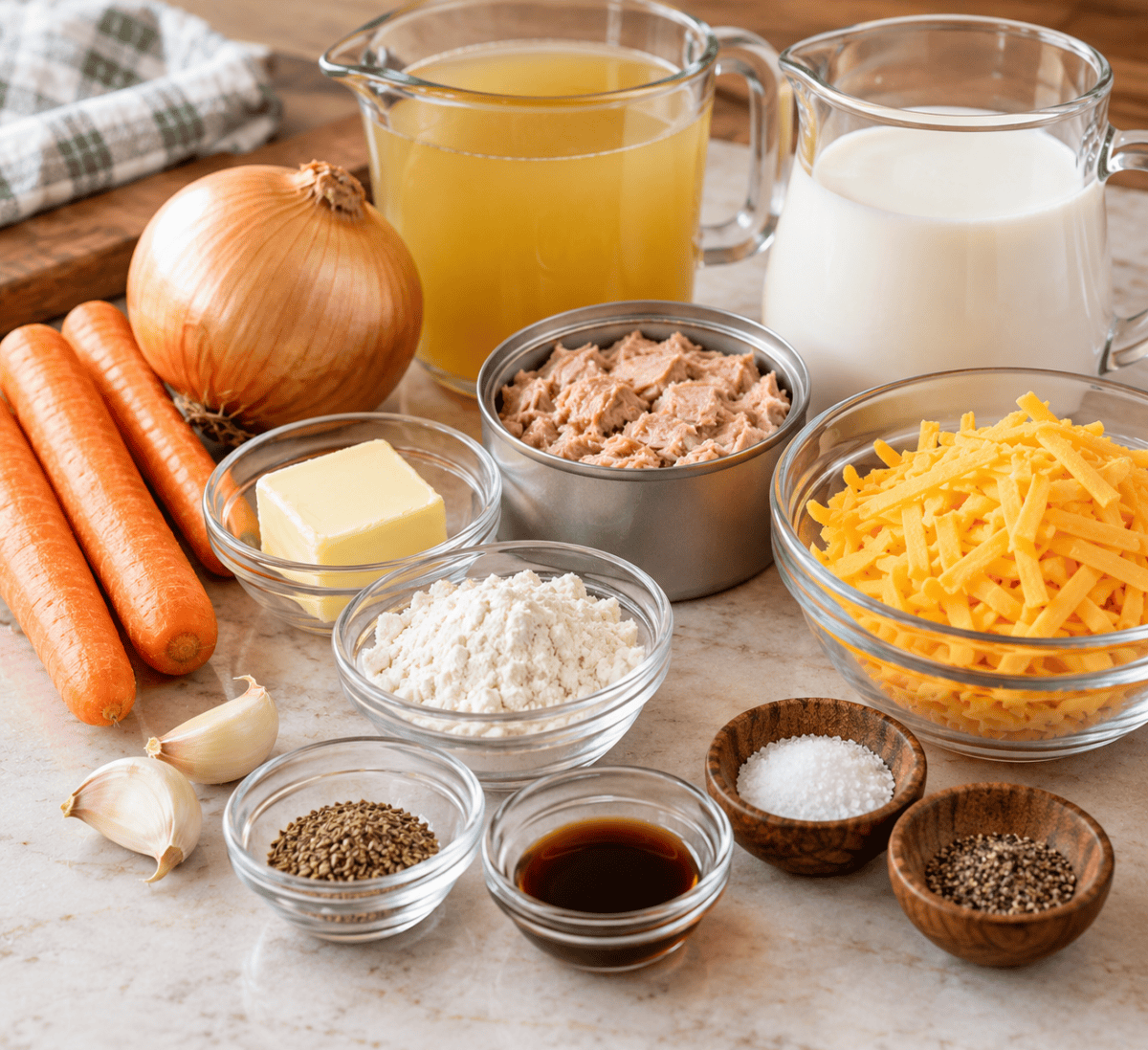 Easy Tuna Chowder Ingredients: Carrots, Onion, Tuna, Broth, Milk, Spices