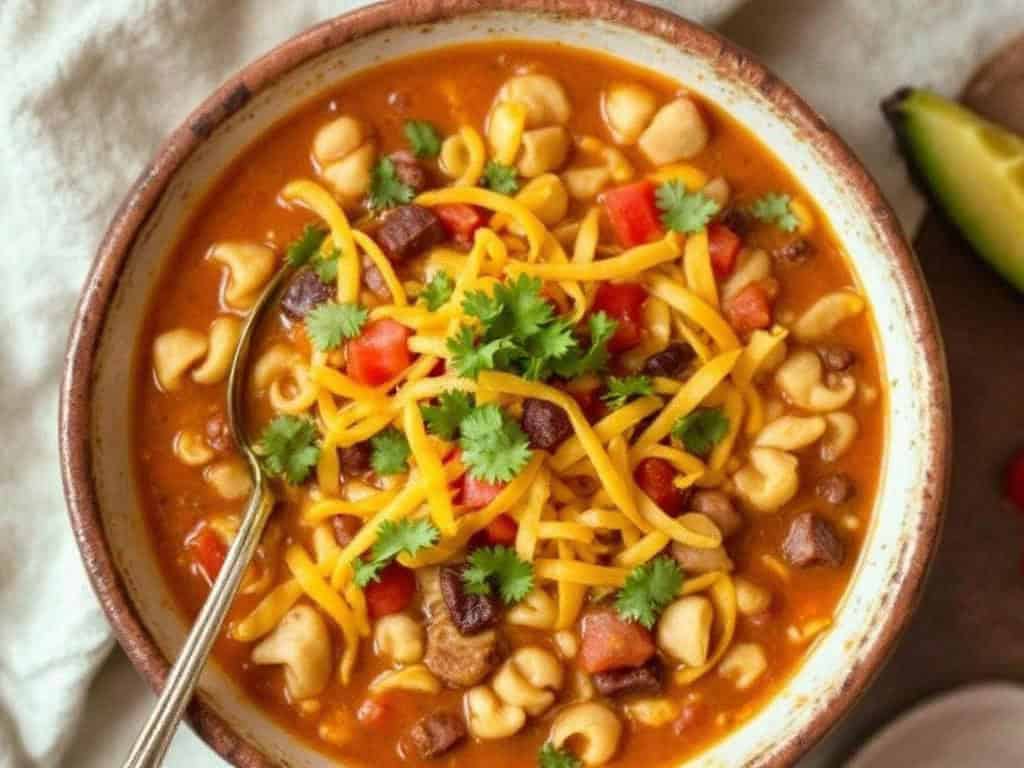 Bowl of taco soup garnished with shredded cheese and fresh cilantro.