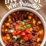 easy taco soup in white bowl from above with text overlay for Pinterest Pin