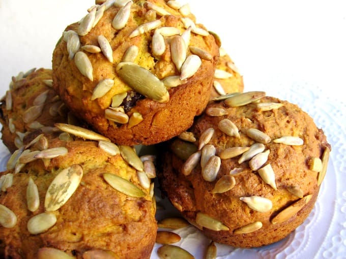 Healthy Homemade Pumpkin Muffins Topped With Pumpkin Seeds (Pepitas) and Sunflower Seeds