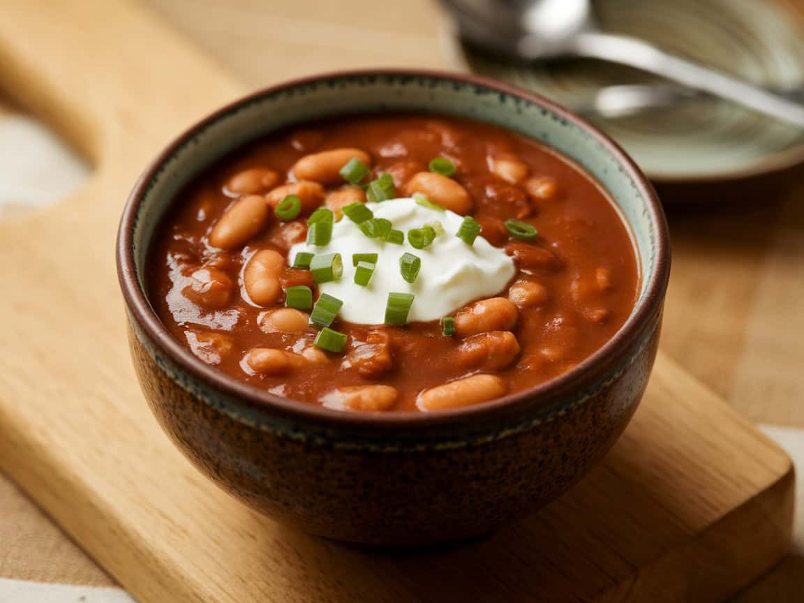 baked bean soup in a dark brown bowl